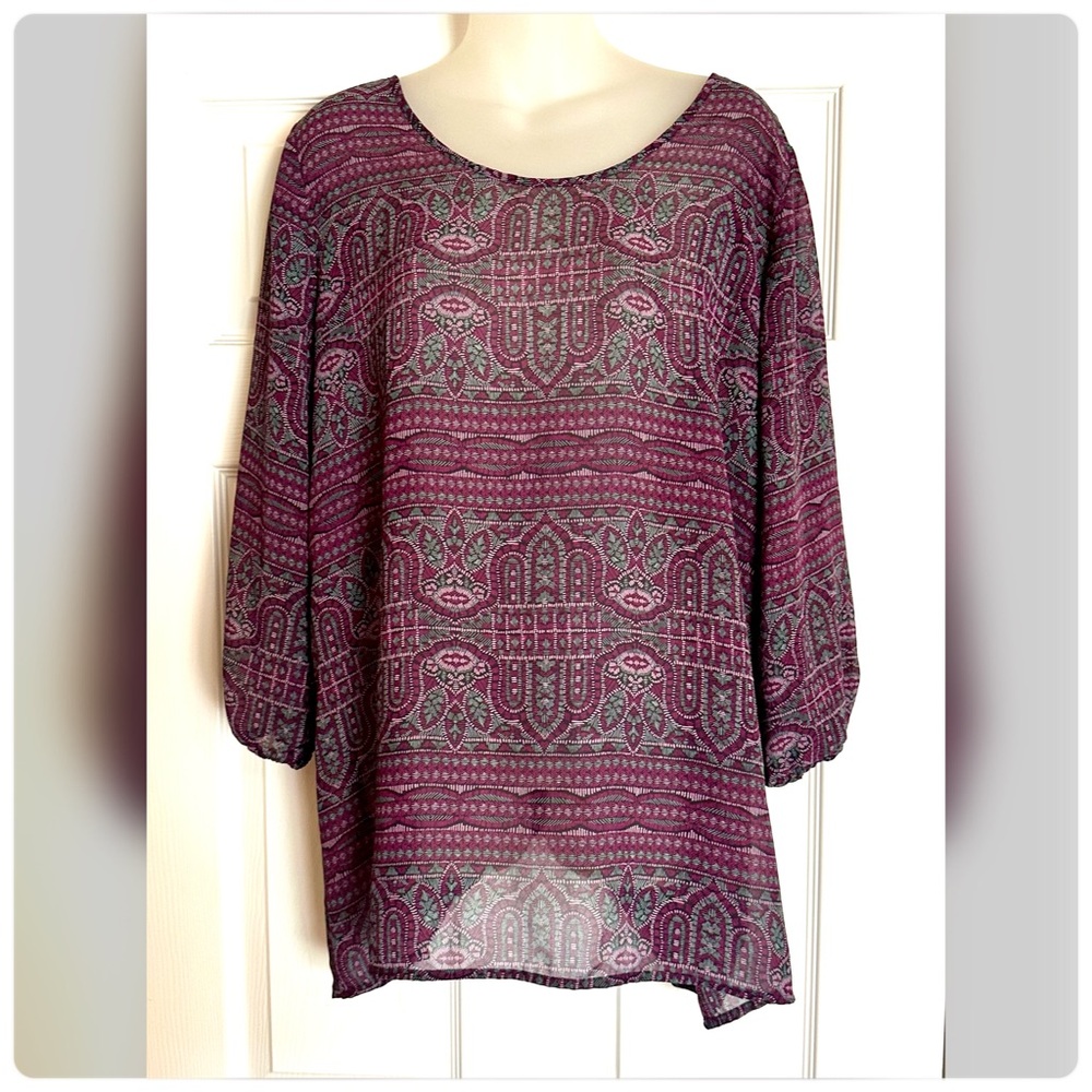 Maurices Purple Patterned Sheer Pop Over Top